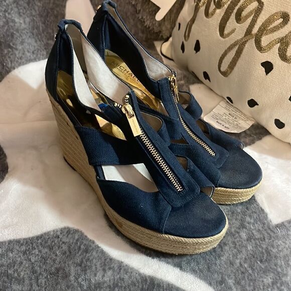 Michael kors mk denim damita wedge zip up sandal heel/ sz 10 - Picture 3 of 6